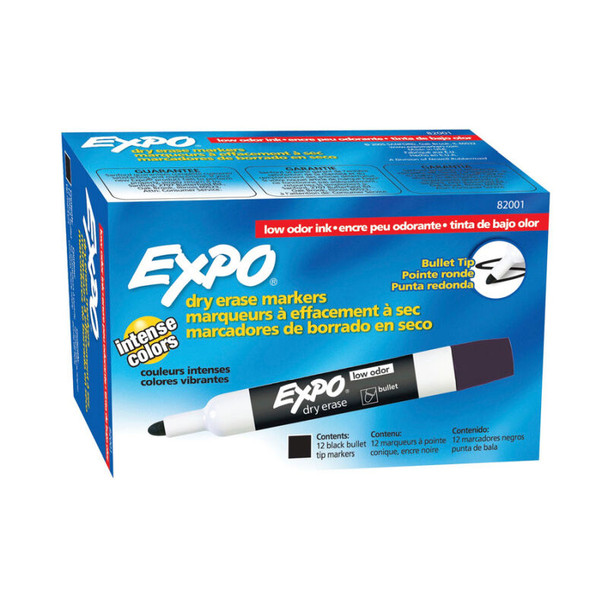 EXPO low odour dry erase whiteboard markers bullet tip black box of 12 product packaging front view