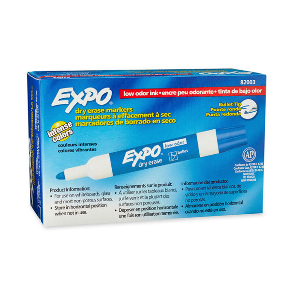 EXPO low odour dry erase whiteboard markers bullet tip blue box of 12 product packaging front view