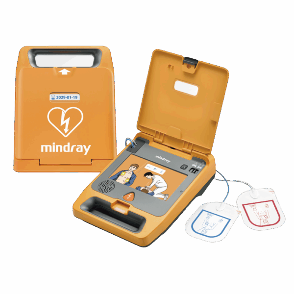 Mindray C1A AED kit shown open with electrode pads and orange carry case beside it