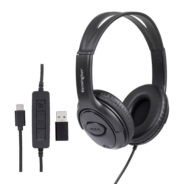 Kensington Over-Ear Headphone USB-C with USB-A Adapter Black