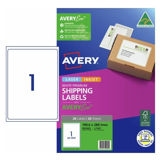 Avery 952005 premium shipping labels with AveryEco 1 per sheet 199.6 x 289.1mm pack of 20