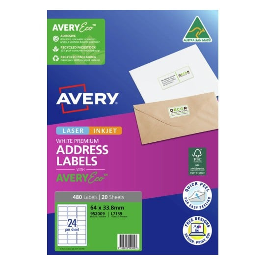 Avery 952009 premium address labels with AveryEco 24 per sheet 64 x 33.8mm pack of 20
