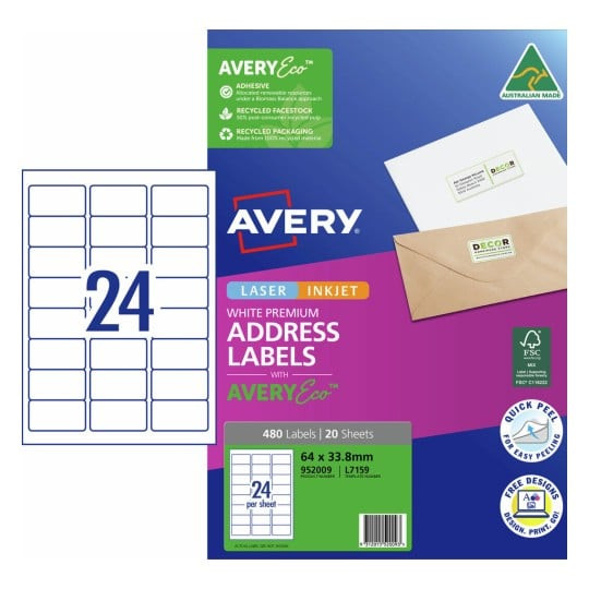 AveryEco label pack showing premium white matt address labels suitable for laser and inkjet printing