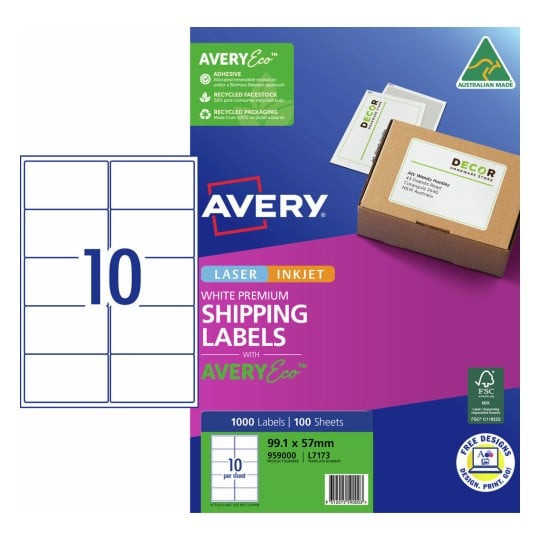Avery 959000 premium shipping labels with AveryEco 10 labels per sheet 99.1 x 57mm pack of 100