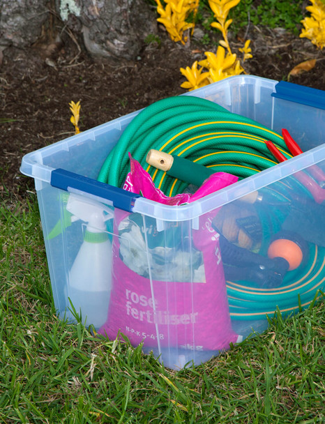 Storage of garden hose in Sistema 27L Storage Container Dark Blue Stackable Box