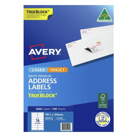 Avery TrueBlock white premium address labels retail pack for laser and inkjet printers