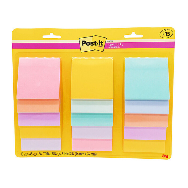 Post-it Super Sticky Notes 76 x 76mm pack with 15 assorted pastel note pads on a retail backing card.