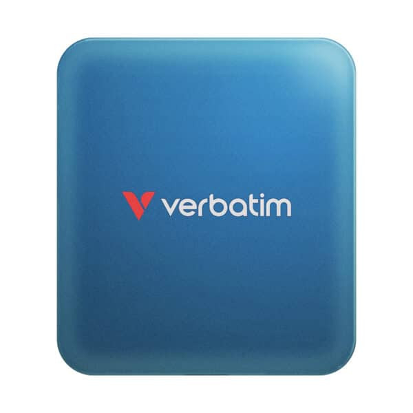Verbatim SnapBack SSD in blue front view with Verbatim logo