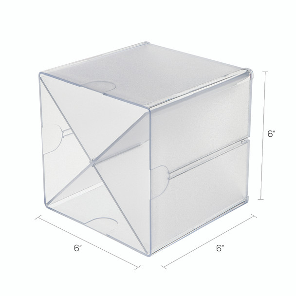 Clear cube organiser with 6 inch dimensions shown, illustrating its compact square size for desks, shelves or cabinets.