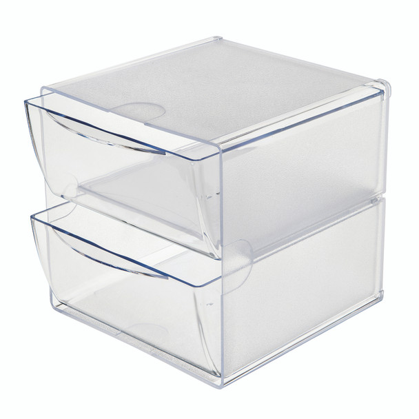 Clear stackable cube organiser with two pull-out drawers, shown empty to highlight the transparent storage design.