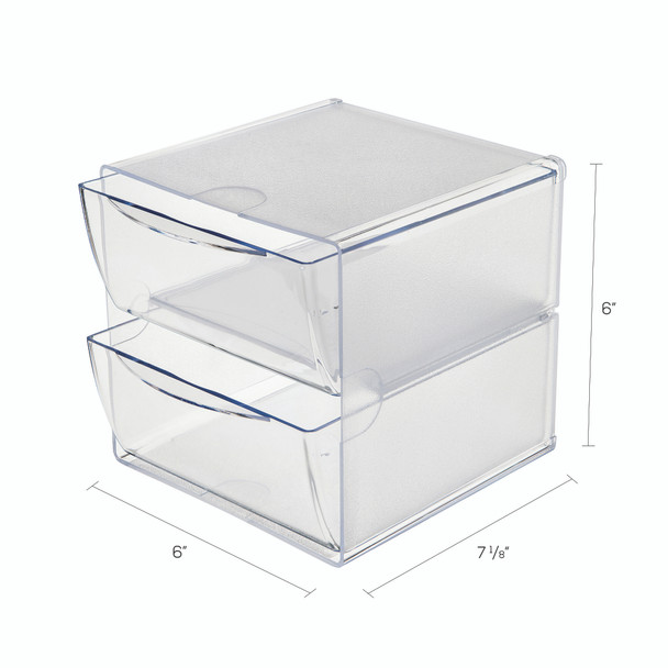 Clear stackable two-drawer cube with dimensions shown, illustrating its compact size for desks, shelves, or cabinets.