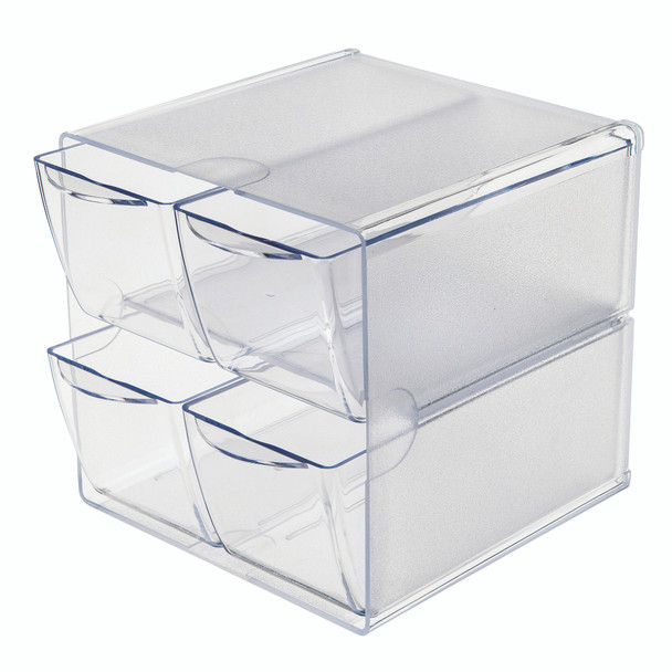 Clear stackable cube organiser with four small pull-out drawers, shown empty to highlight the transparent multi-drawer storage layout.