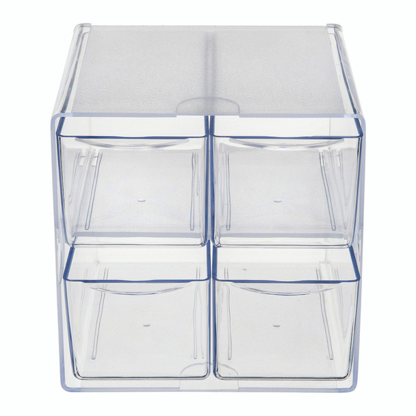 Front view of the clear four-drawer stackable cube, showing the evenly divided drawer configuration for organised storage.