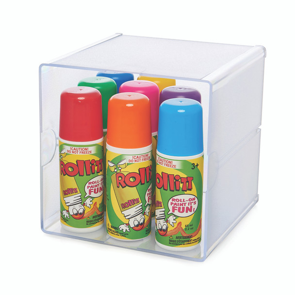 Clear stackable cube filled with spray cans or bottles, demonstrating open storage for taller items.