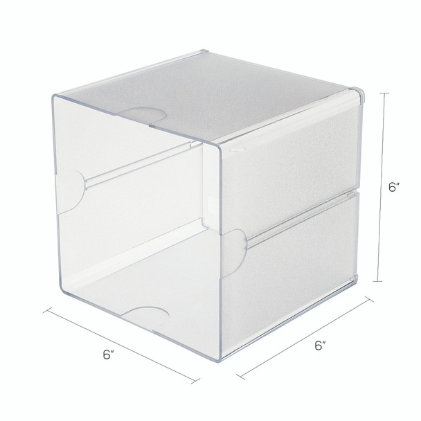 Clear stackable cube with dimensions shown, illustrating its compact size for desks, shelves, or cabinets.