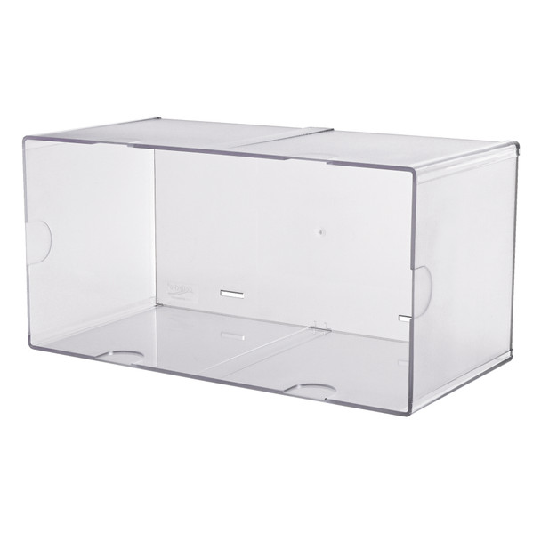Clear rectangular open storage cube shown empty, highlighting the wider transparent design for easy-access storage.