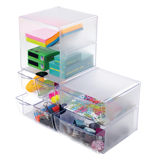 Two clear stackable organisers arranged together, showing modular storage for stationery and small office supplies.