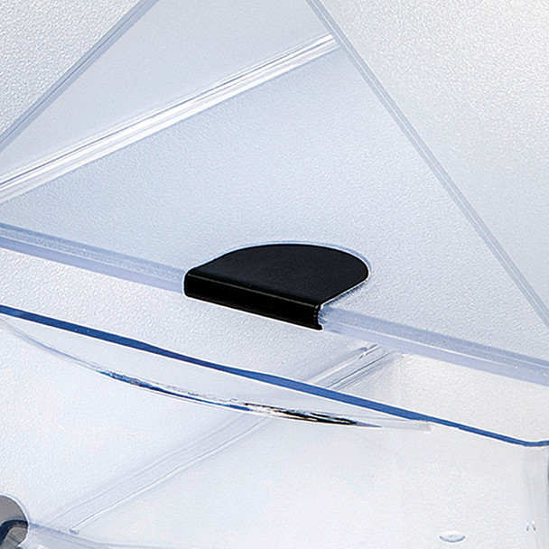 Close-up of the connector detail on the clear organiser, showing how the modular storage units align securely.