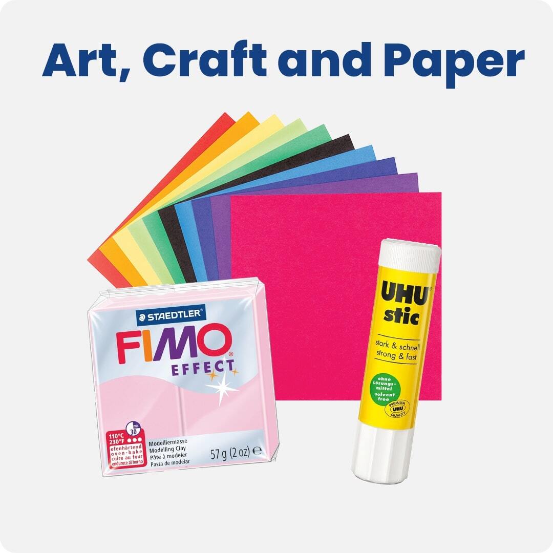 Art and craft supplies including colourful craft paper, Staedtler FIMO Effect modelling clay, and UHU glue stick. Ideal for creative projects, school, and DIY crafts.