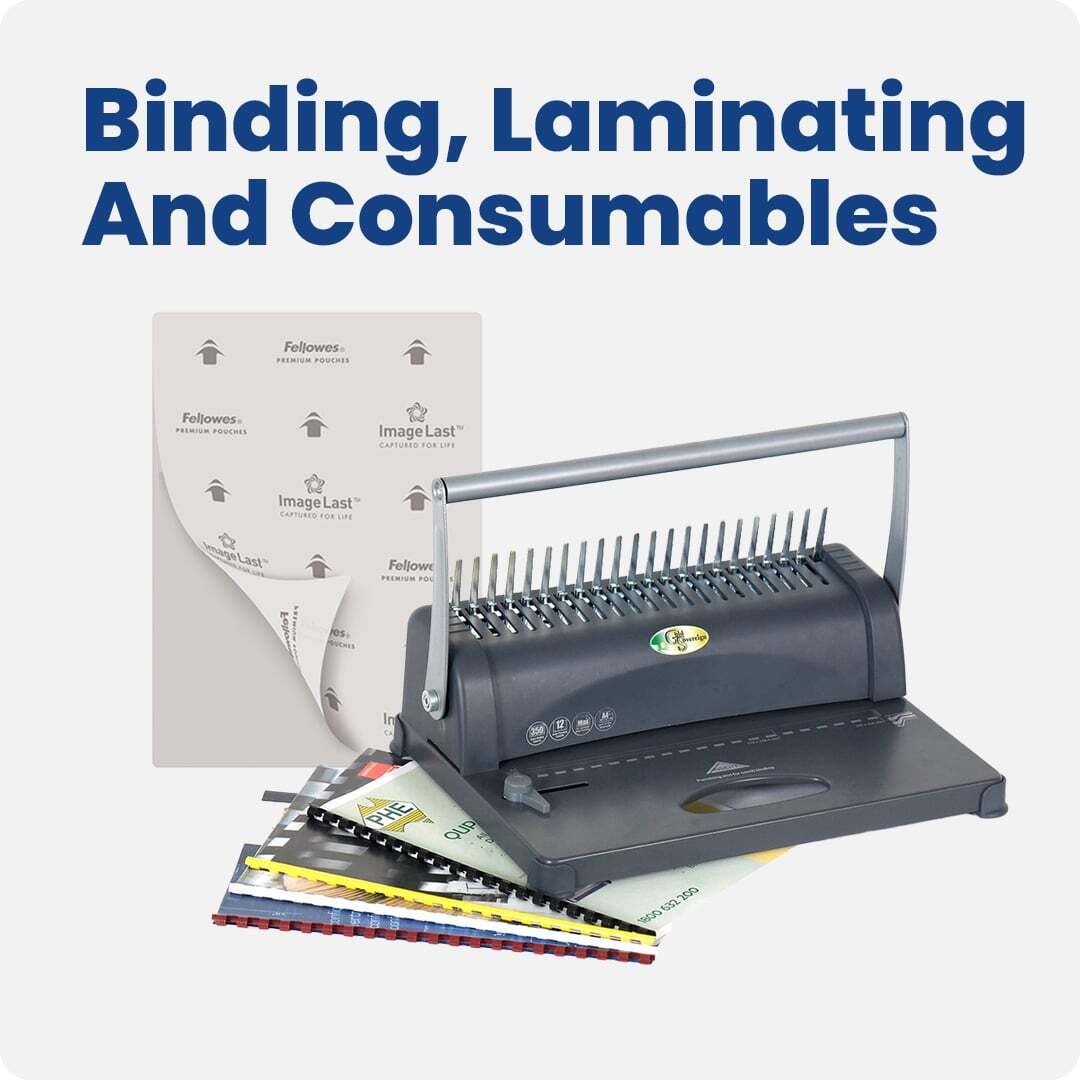 Binding and laminating supplies including a comb binding machine, Fellowes laminating pouches, and assorted binding combs. Ideal for document presentation and office organisation.