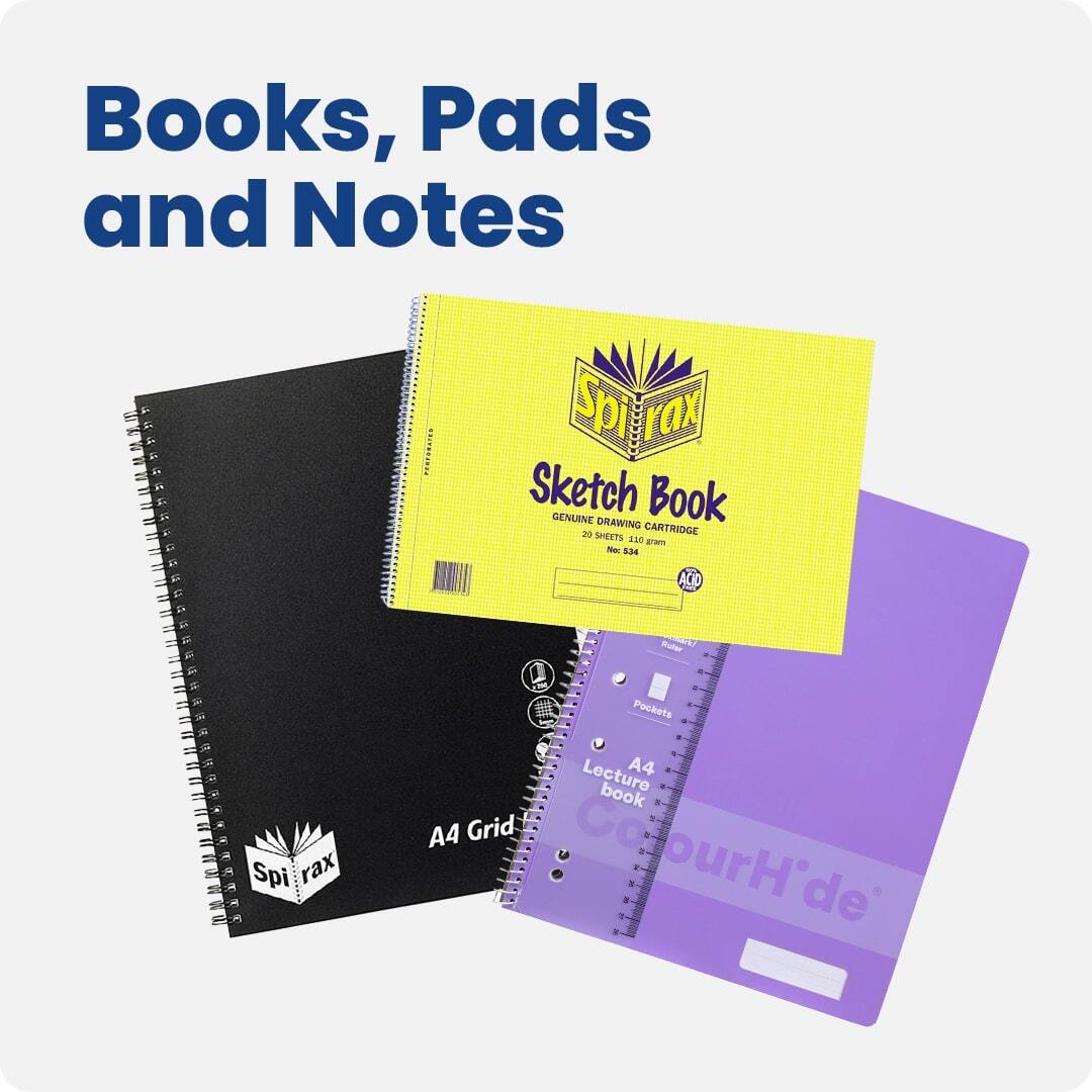 Spiral-bound notebooks and sketchbooks – A4 grid book, Spirax sketch book, and ColourHide lecture book in black, yellow, and purple covers. Ideal for notes, sketching, and organisation.