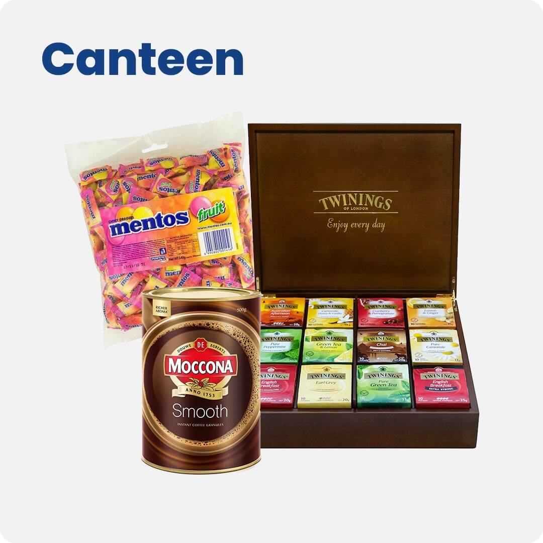 Canteen essentials including Moccona Smooth instant coffee, Twinings tea selection box, and Mentos fruit chews. Perfect for office kitchens and break rooms.