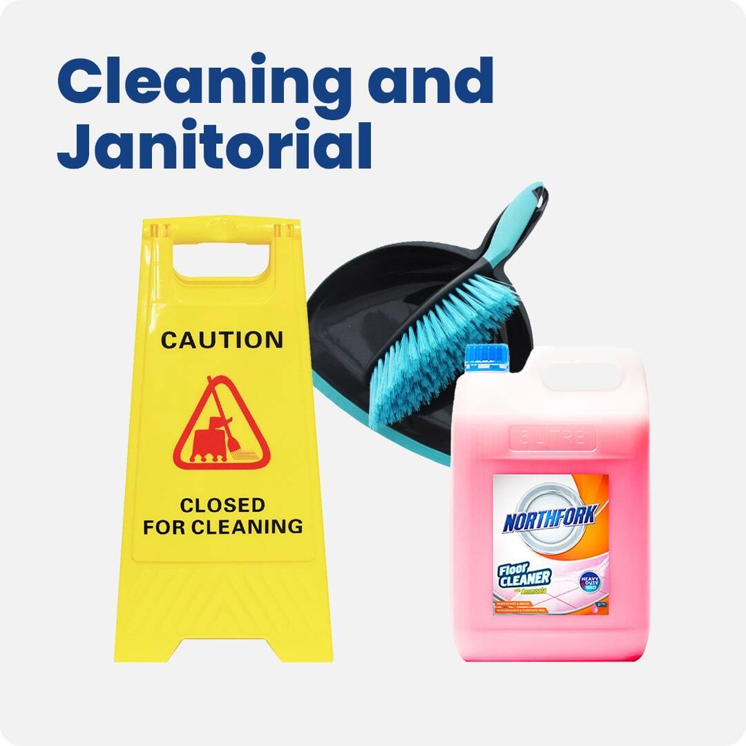 Cleaning and janitorial supplies including a caution wet floor sign, dustpan and brush set, and Northfork floor cleaner. Essential for workplace hygiene and maintenance.