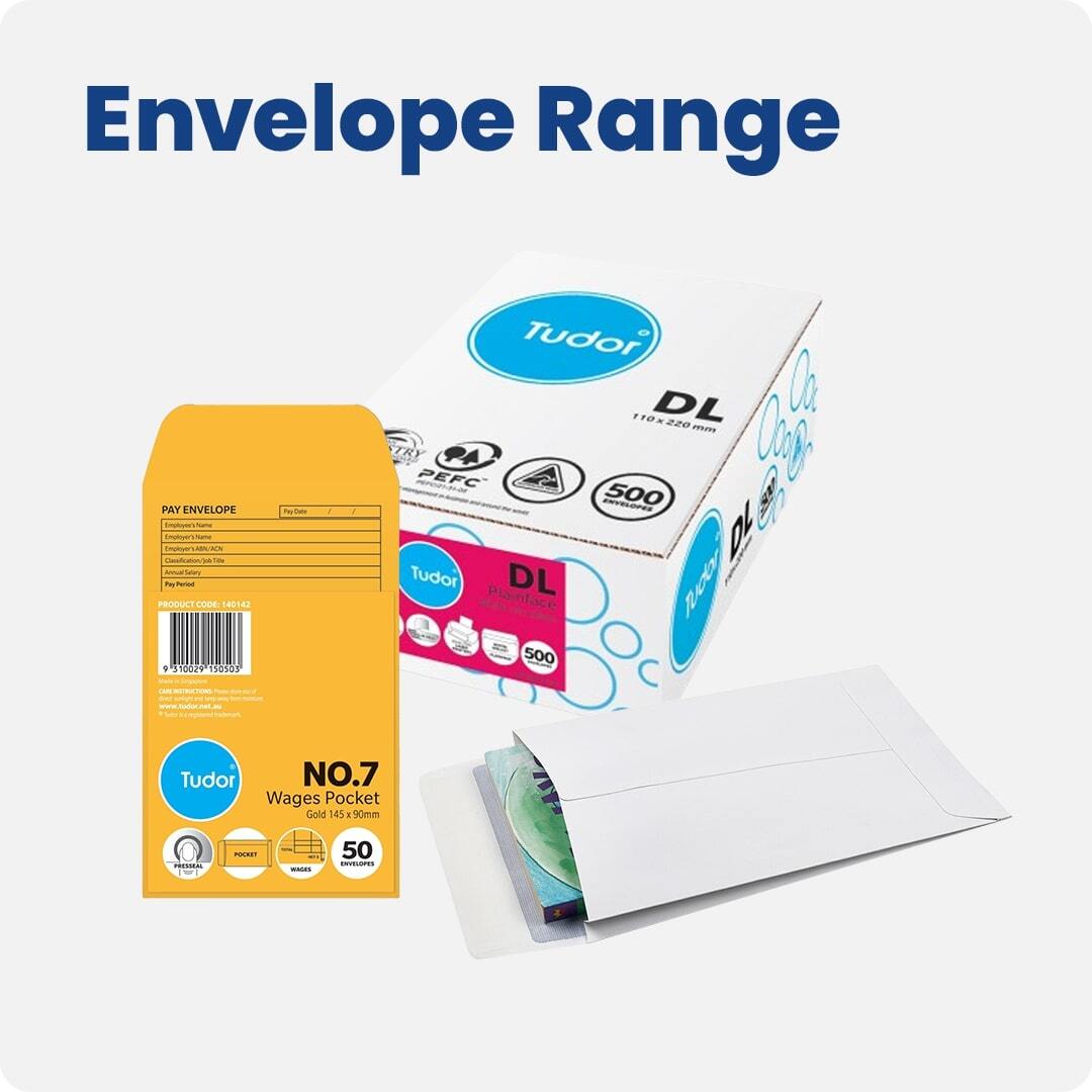 Envelope range featuring Tudor DL envelopes, No.7 wages pocket envelopes, and standard white mailing envelopes. Ideal for office, payroll, and postal use.
