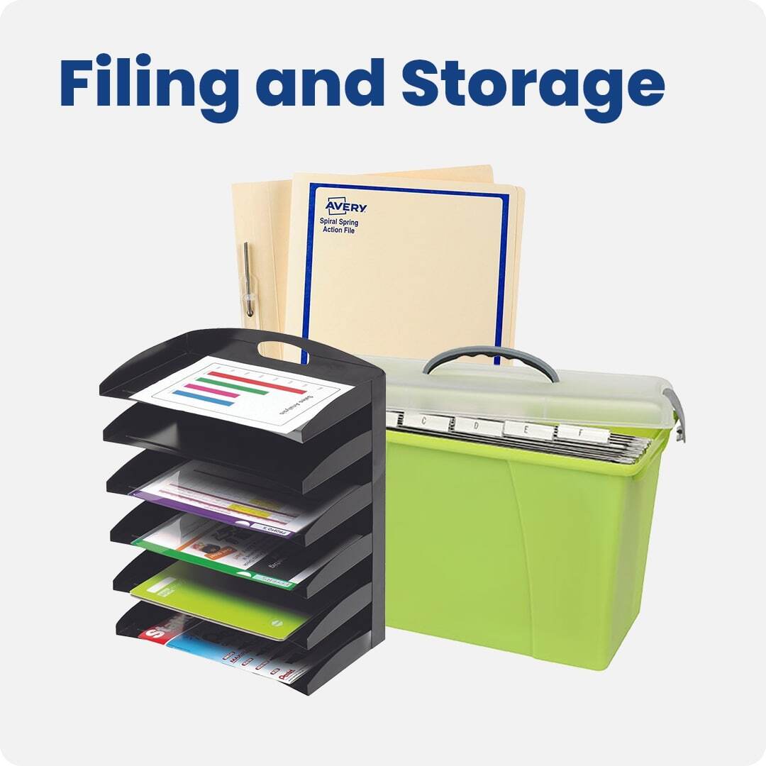 Filing and storage solutions including an Avery spring action file, document tray organiser, and green portable file box with A-Z dividers. Ideal for office organisation and paperwork management.