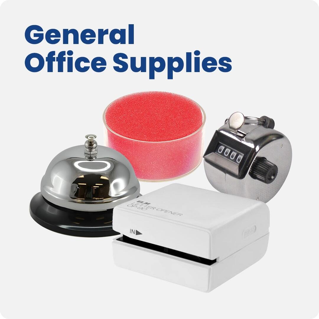 General office supplies including a desk bell, red ink pad, tally counter, and electric eraser. Essential accessories for workplace efficiency and organisation.