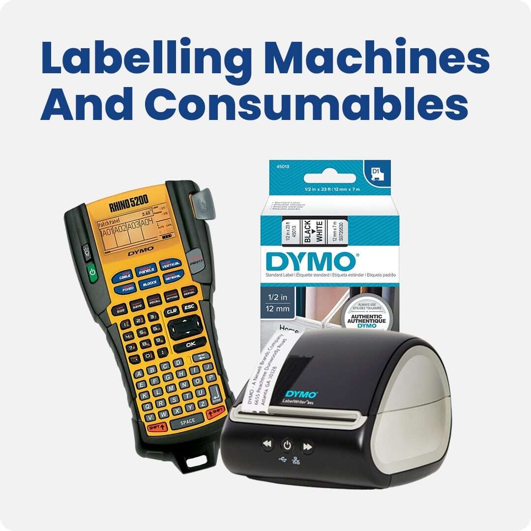 Labelling machines and consumables including DYMO Rhino 5200 industrial label printer, DYMO LabelWriter 3XL, and DYMO label tape. Perfect for office, warehouse, and organisational labelling.