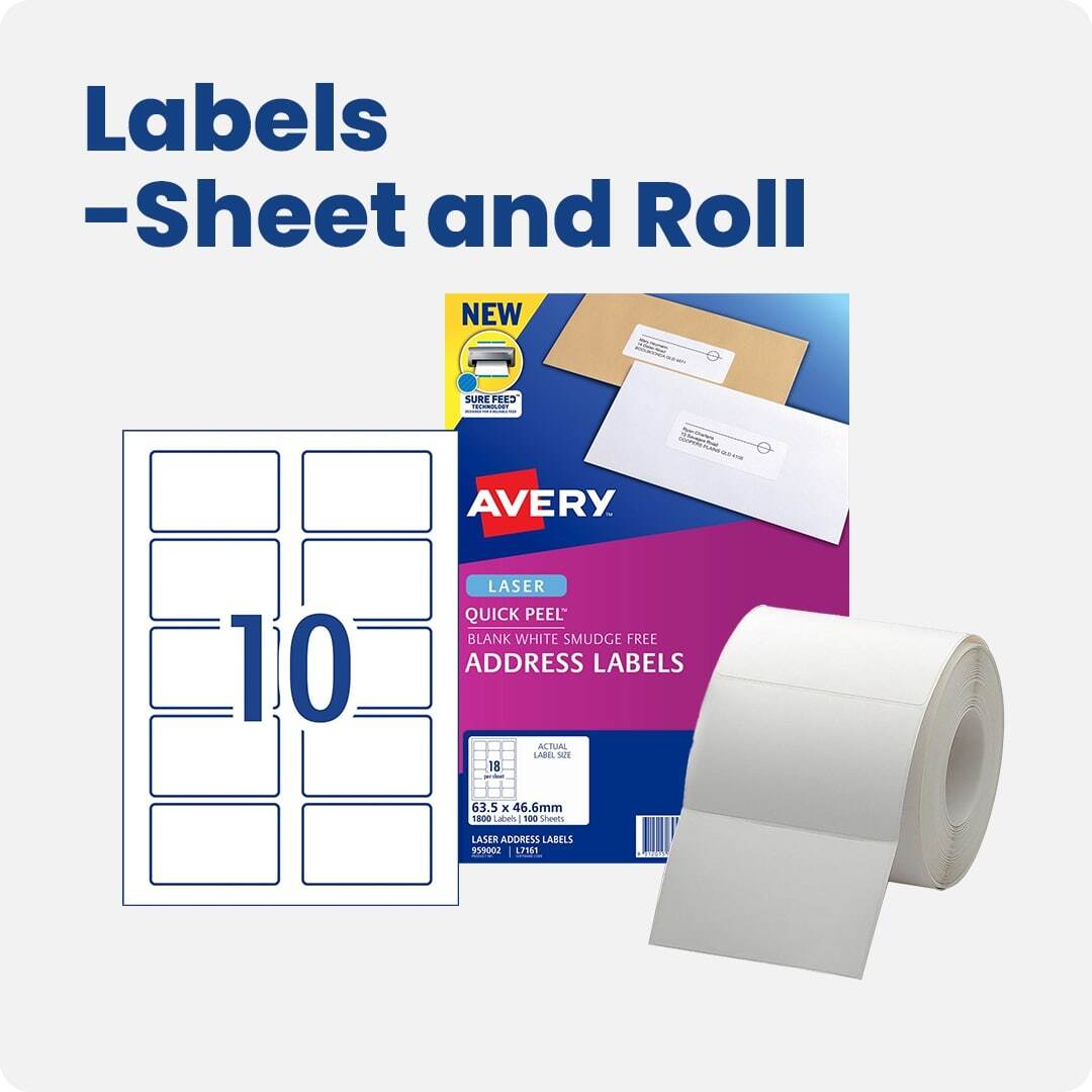 Labels in sheet and roll formats, including Avery Quick Peel address labels for laser printers and blank thermal roll labels. Ideal for mailing, shipping, and office organisation.