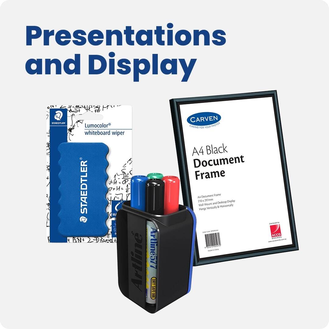Presentation and display supplies including a Carven A4 document frame, Staedtler whiteboard wiper, and Artline whiteboard markers. Ideal for meetings, classrooms, and office presentations.