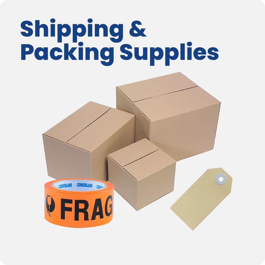 Shipping and packing supplies including cardboard boxes, fragile packing tape, and shipping tags. Ideal for packaging, mailing, and freight protection.