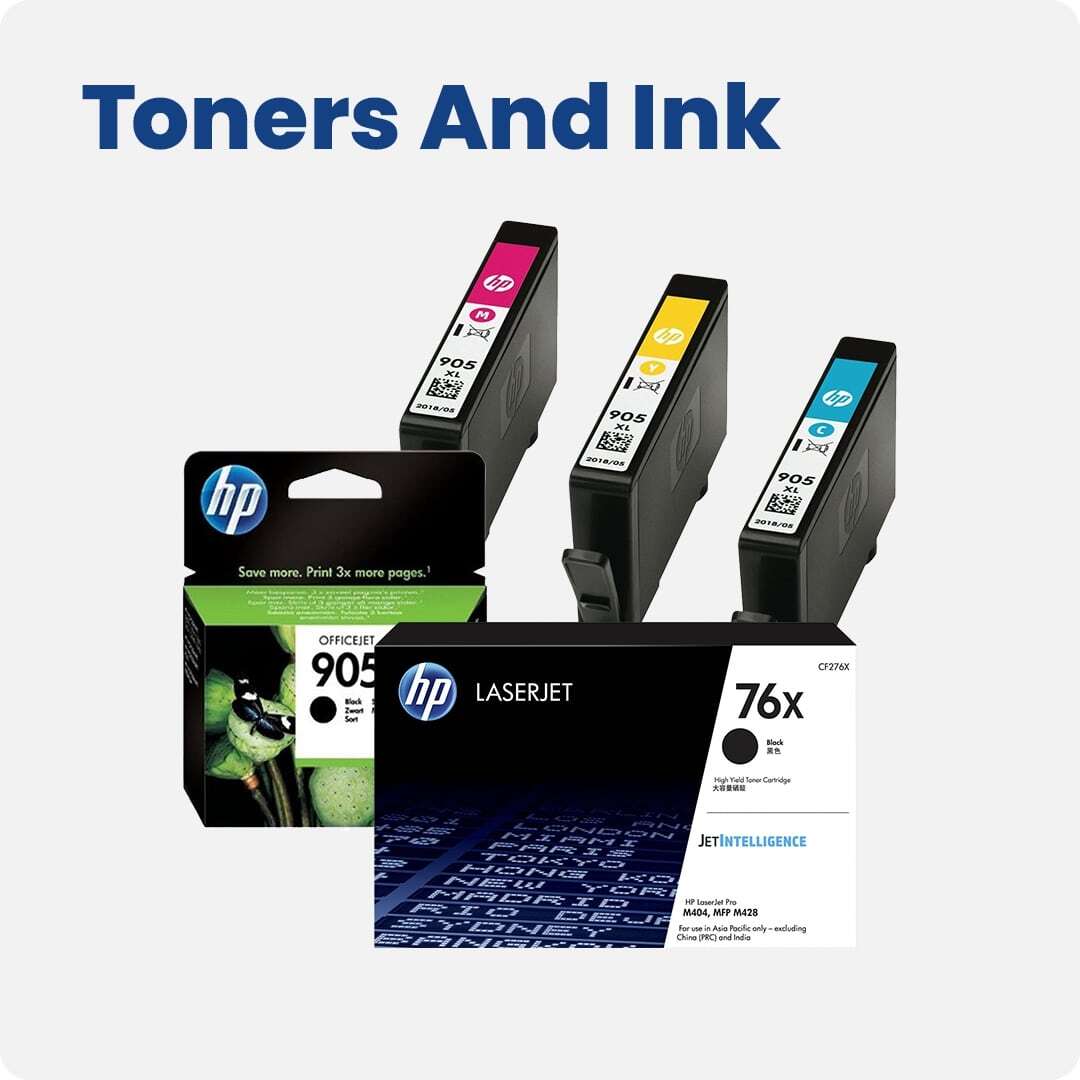 Toners and ink cartridges including HP 905 colour ink cartridges, HP OfficeJet 905 black ink, and HP LaserJet 76X toner. Perfect for home and office printing needs.