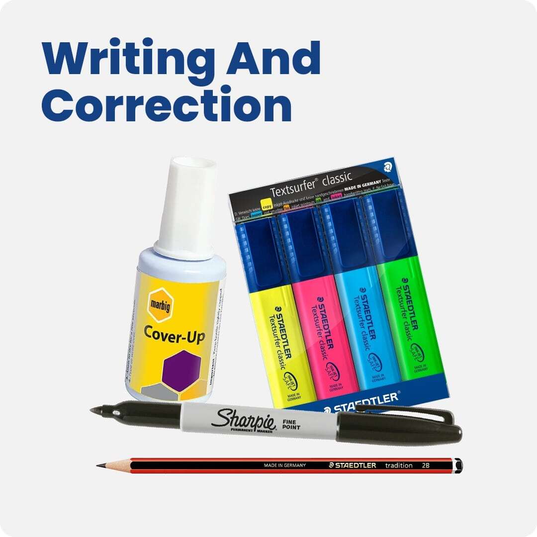 Writing and correction supplies including Marbig Cover-Up correction fluid, Staedtler Textsurfer highlighters, a Sharpie fine point marker, and a Staedtler 2B pencil. Ideal for office, school, and study use.