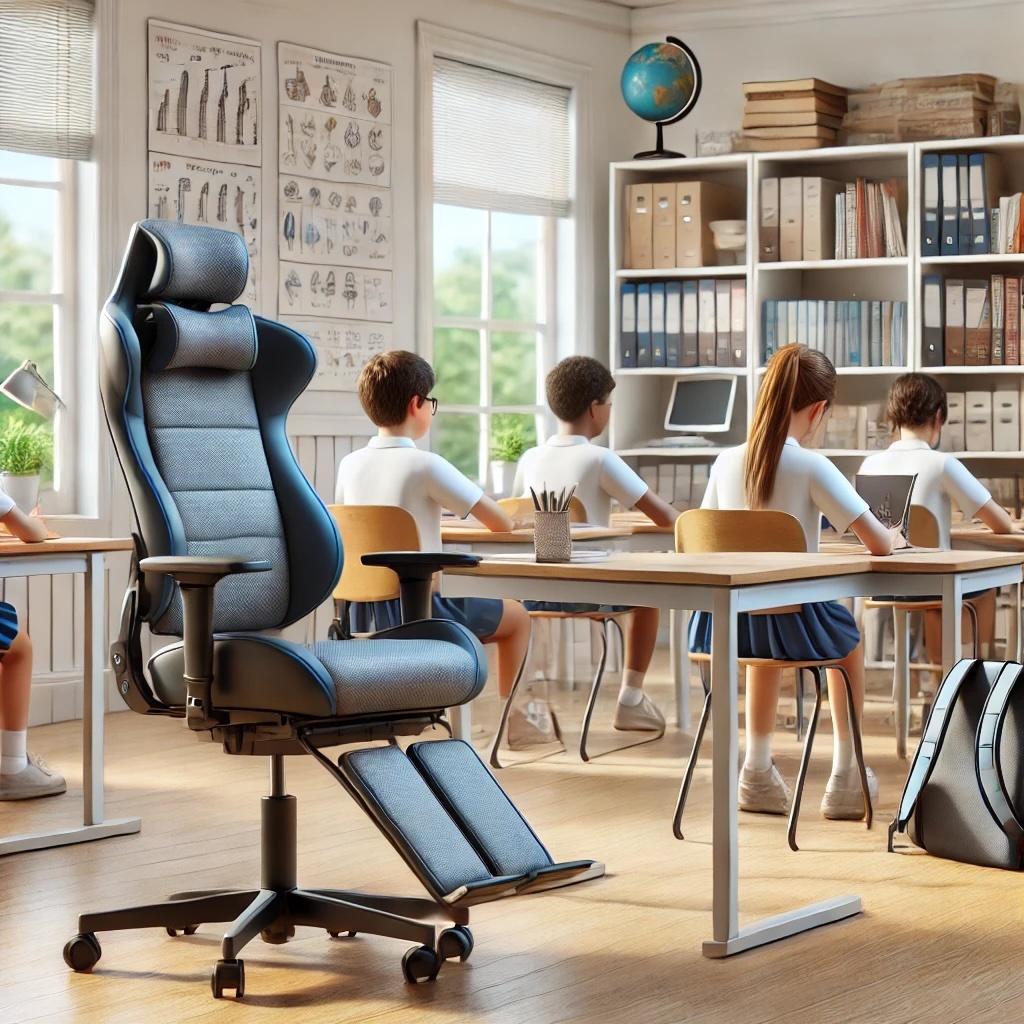 A highly photo-realistic 300x300px illustration representing comfort and ergonomic solutions in education. The image features a classroom with student.