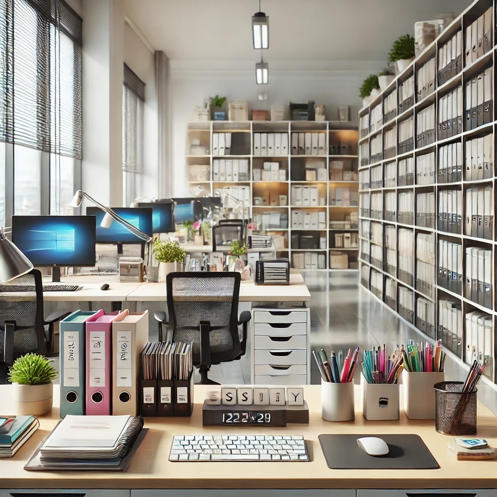 A highly photo-realistic illustration representing an organised and efficient office workspace.