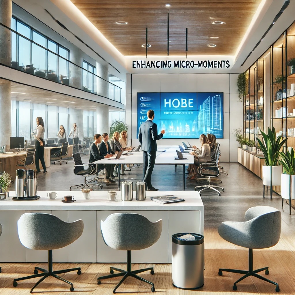 A highly photo-realistic illustration representing the concept of enhancing micro-moments in the workplace. The image features a collaborative office