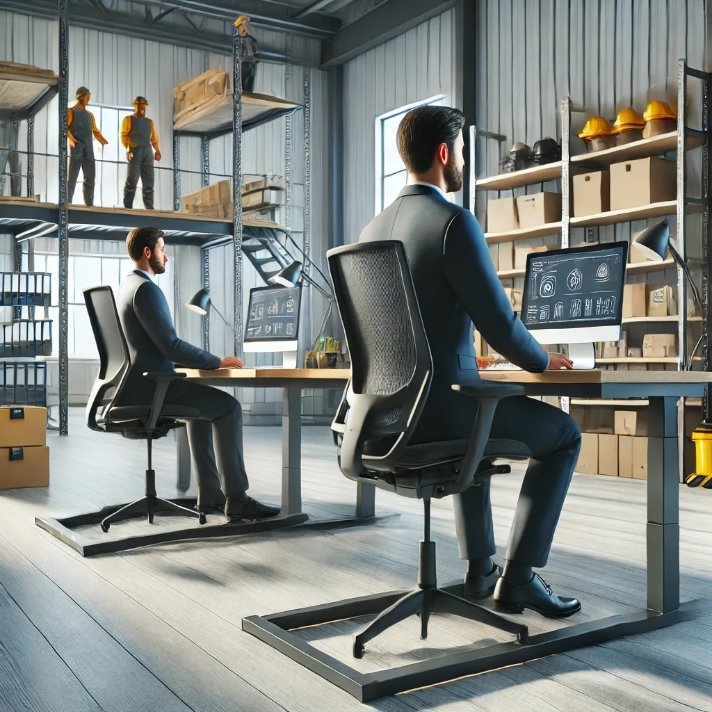 A highly photo-realistic image representing health and safety in the workplace, sized 300x300 pixels. The image features a modern office 