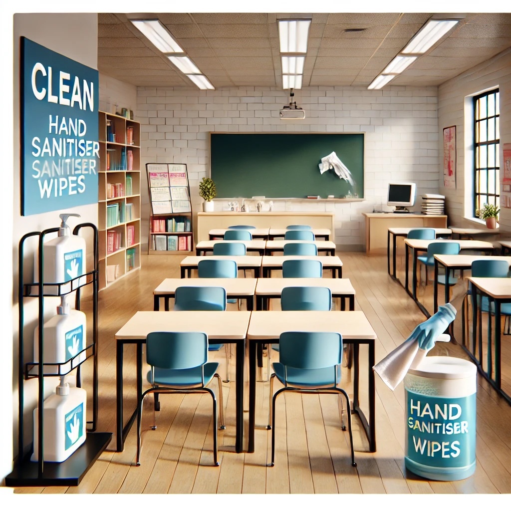 A illustration representing a clean learning space. The image features a brightly lit classroom with easy-to-clean