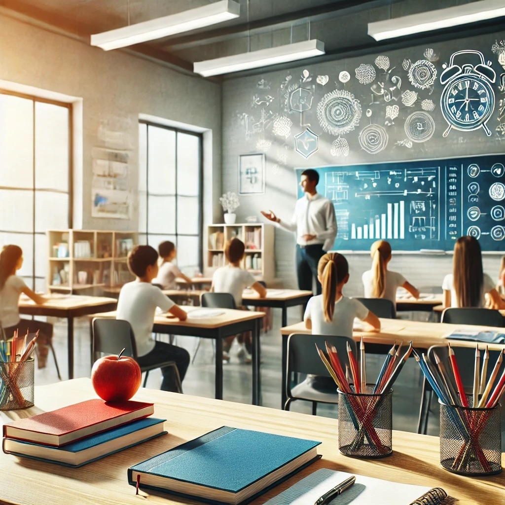 A photo-realistic image representing the Education & Schools industry. The image features a bright and modern classroom with a teacher engaging
