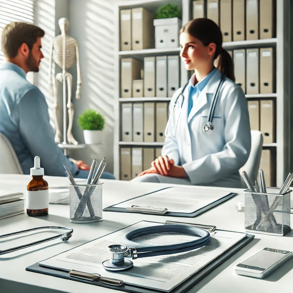 A photo-realistic image representing the Healthcare industry. The image features a clean and modern medical office with a doctor consulting a patient