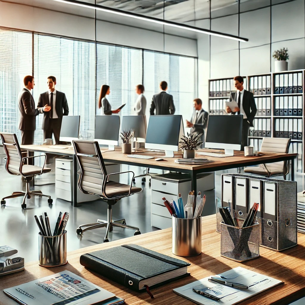 A photo-realistic image representing the Office & Corporate industry. The image features a modern, professional office space with desks, computers