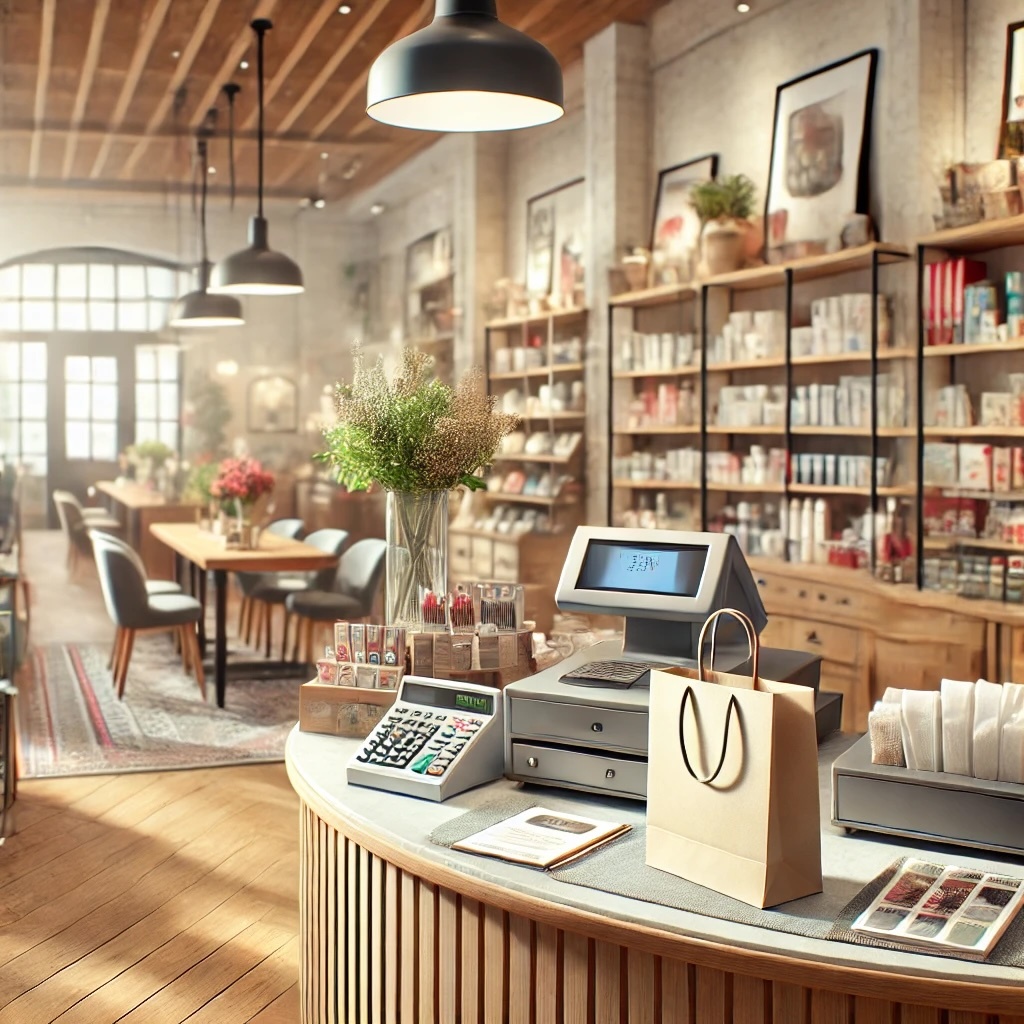 A photo-realistic image representing the Retail & Hospitality industry. The image features a welcoming retail shop with a counter