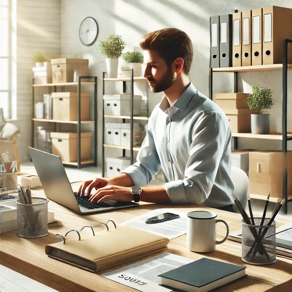 A photo-realistic image representing the Small Business Solutions industry. The image features a bright and modern small office with a business owner