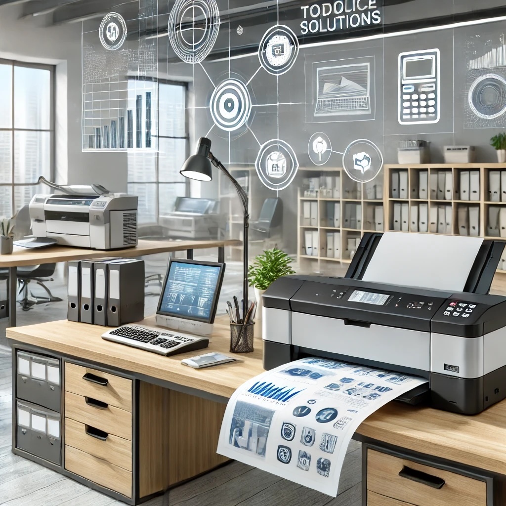 A professional and visually appealing illustration representing technological solutions for modern workspaces. The image features an office environmen.jpeg