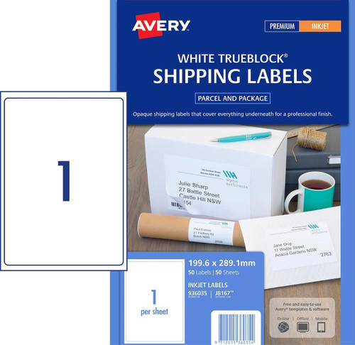 AVERY 936035 WHITE TRUEBLOCK SHIPPING LABELS - J8167 - 50/PACK - 199.6 X  289.1 MM | 1UP