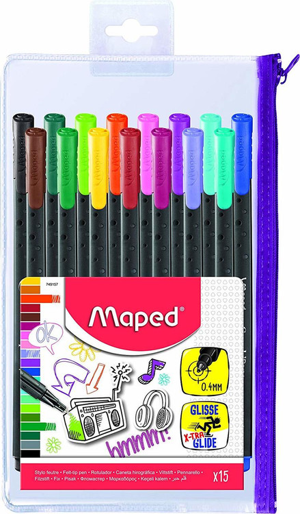 maped 8749157 graph peps fineliner 0 4mm zip pocket of 15 assorted colours pack 6