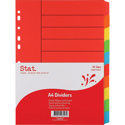 Stat. A4 Bright Colours Manilla Divider 10 Tab Office Supplies Mega